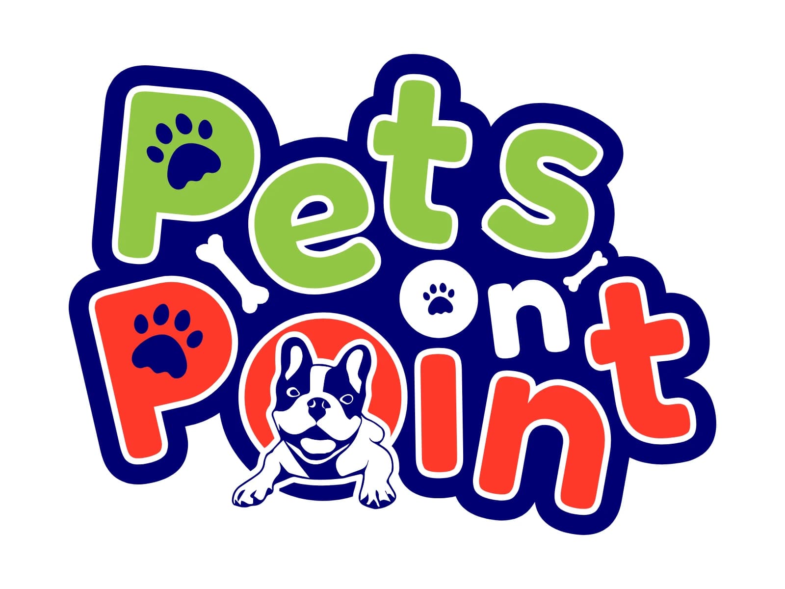 Pets On Point final logo: green and red lettering in a navy outline with a French bulldog in the O