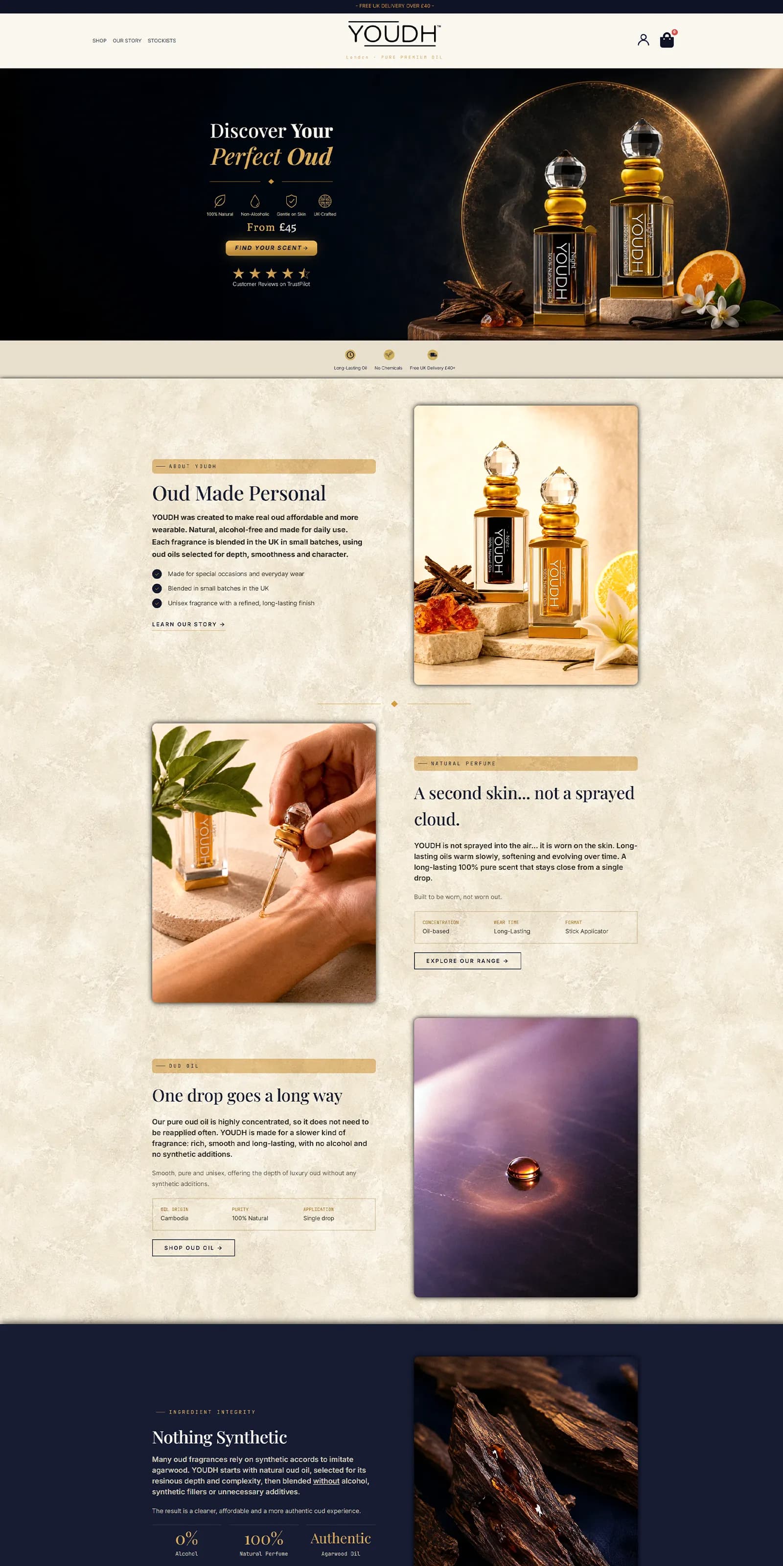 Full-page Youdh homepage design: hero, the Oud Made Personal introduction and the product detail blocks