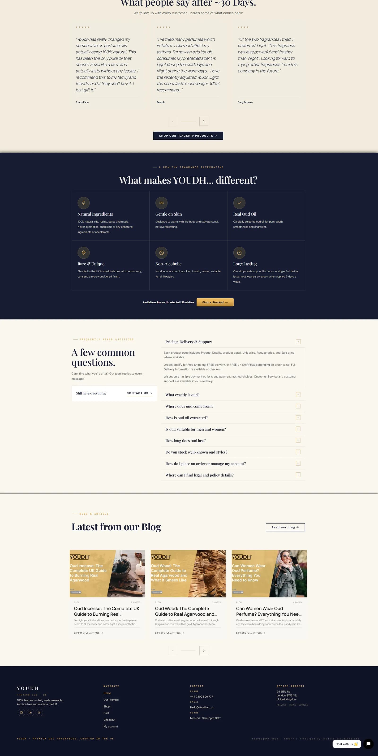 Lower half of the Youdh homepage design: customer reviews, the product comparison grid, the FAQ and the blog listing
