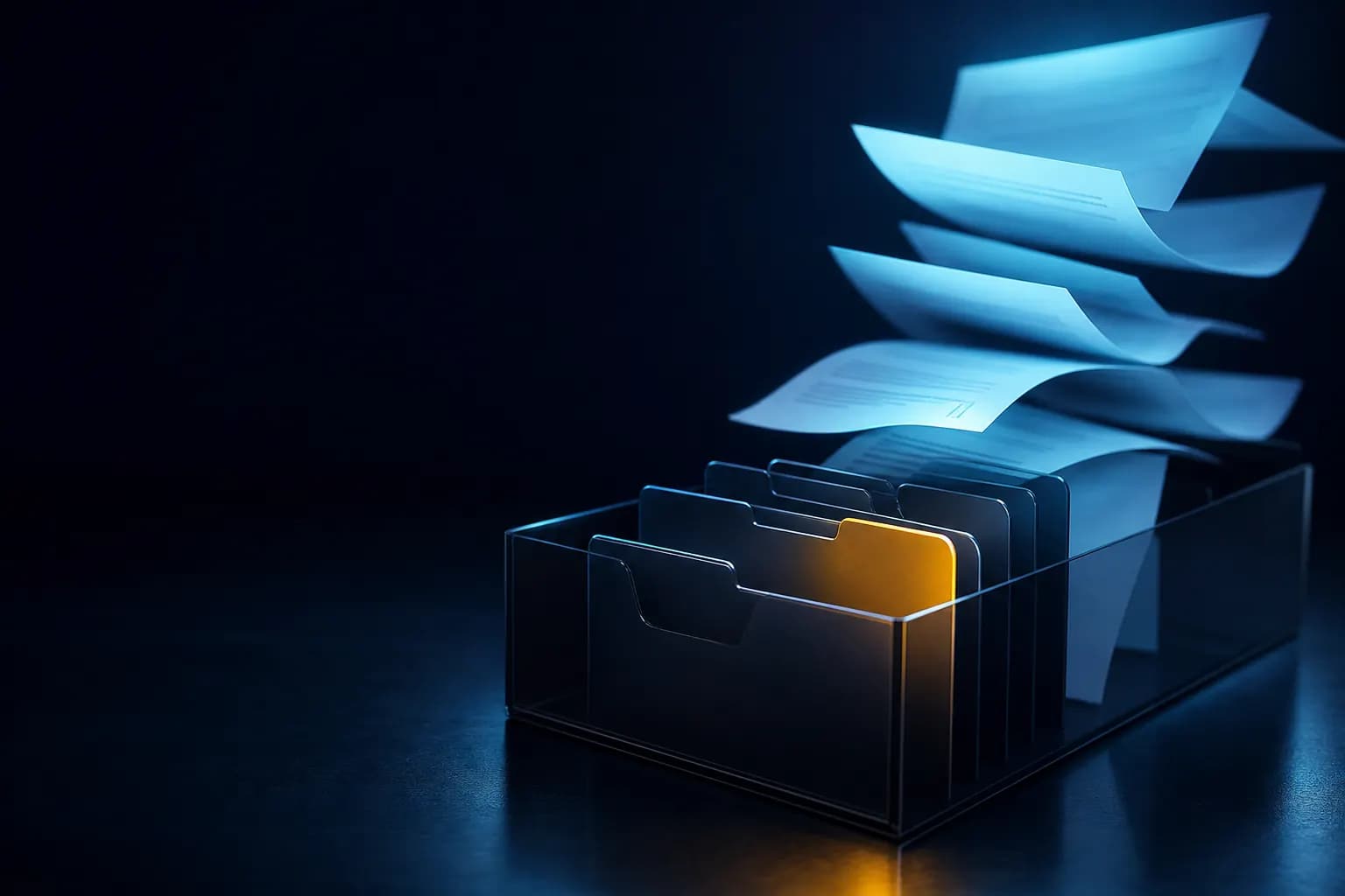 An office inbox tray where sheets of paper sort themselves into folders