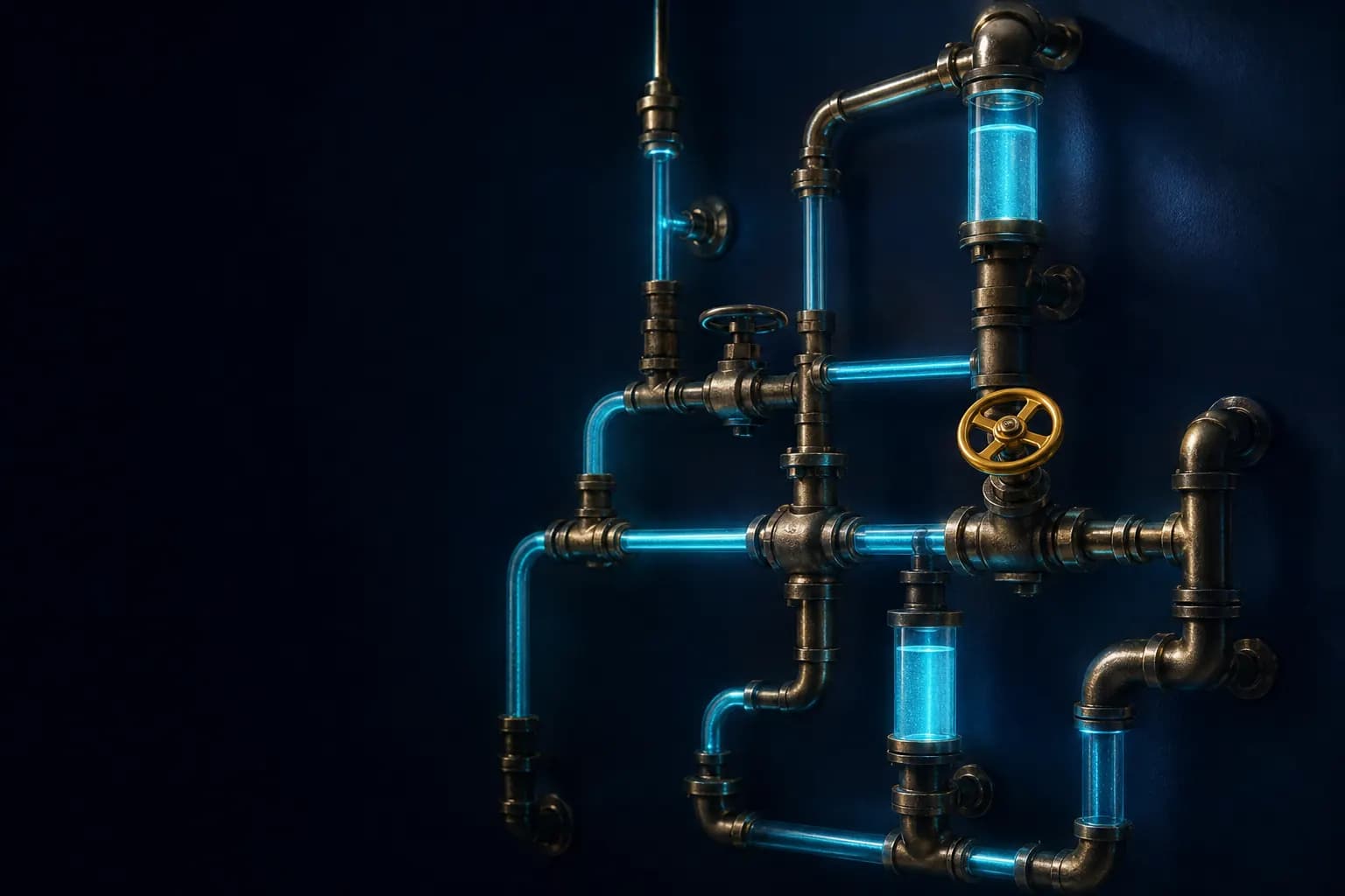 A workflow drawn as brass pipes and valves, light flowing through them