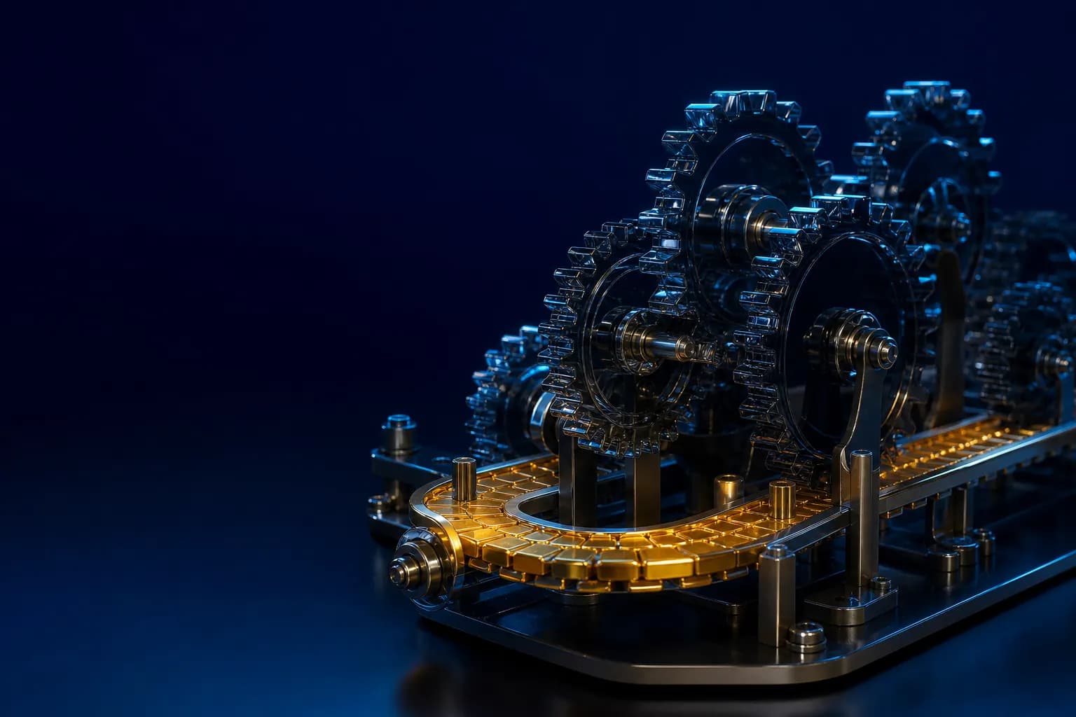 A small assembly line of dark glass gears and a gold conveyor turning by themselves