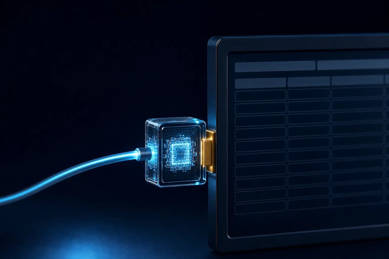 A dark screen of empty CRM rows with a small glass AI module plugged in by a glowing cable