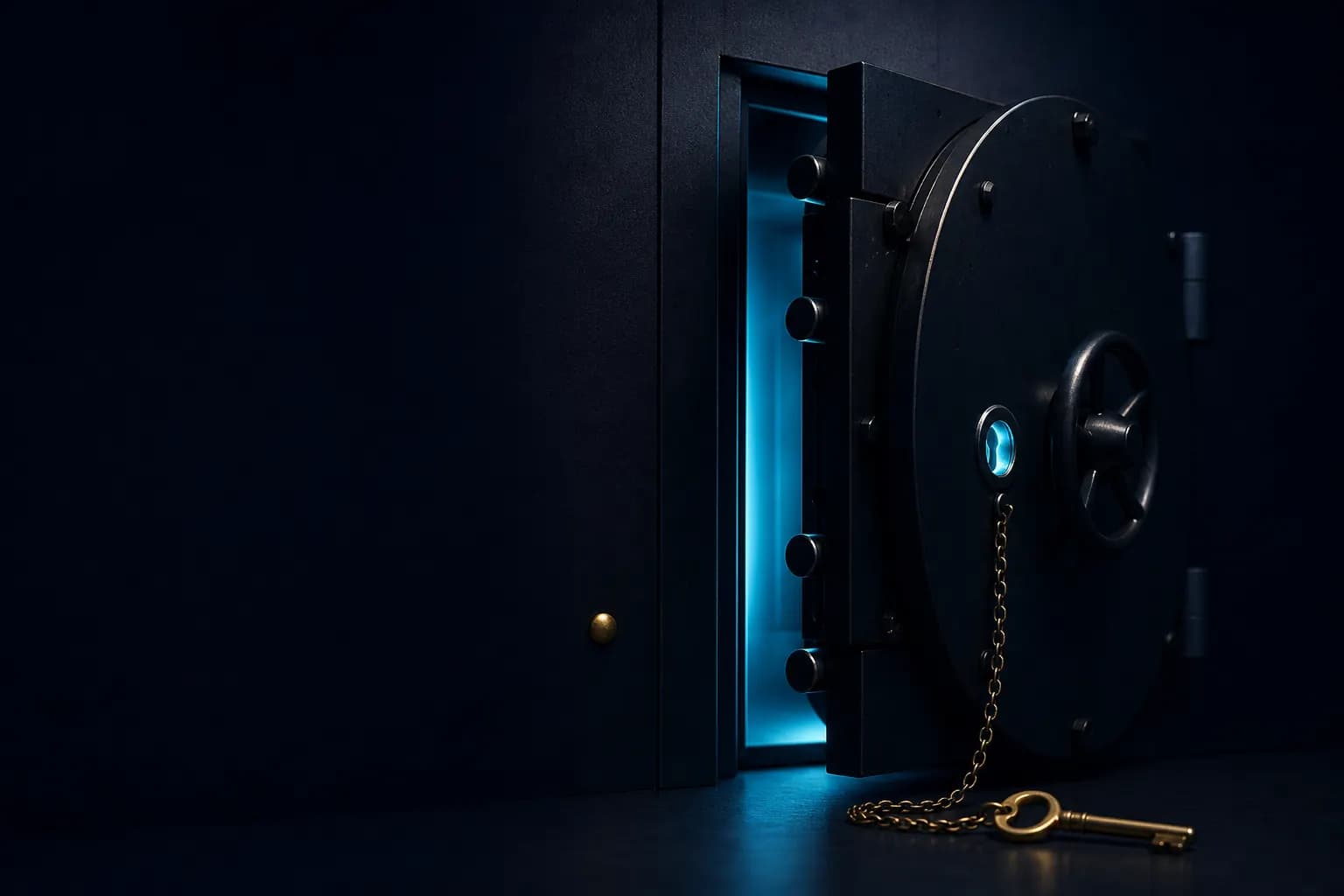 A heavy vault door slightly ajar with a small keyed aperture glowing