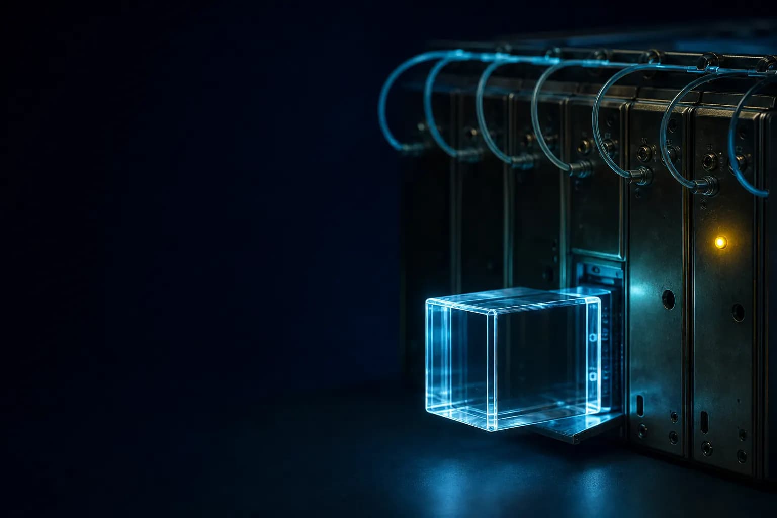 A glowing glass cube being slotted into a rack of brass server modules, cyan cables between them