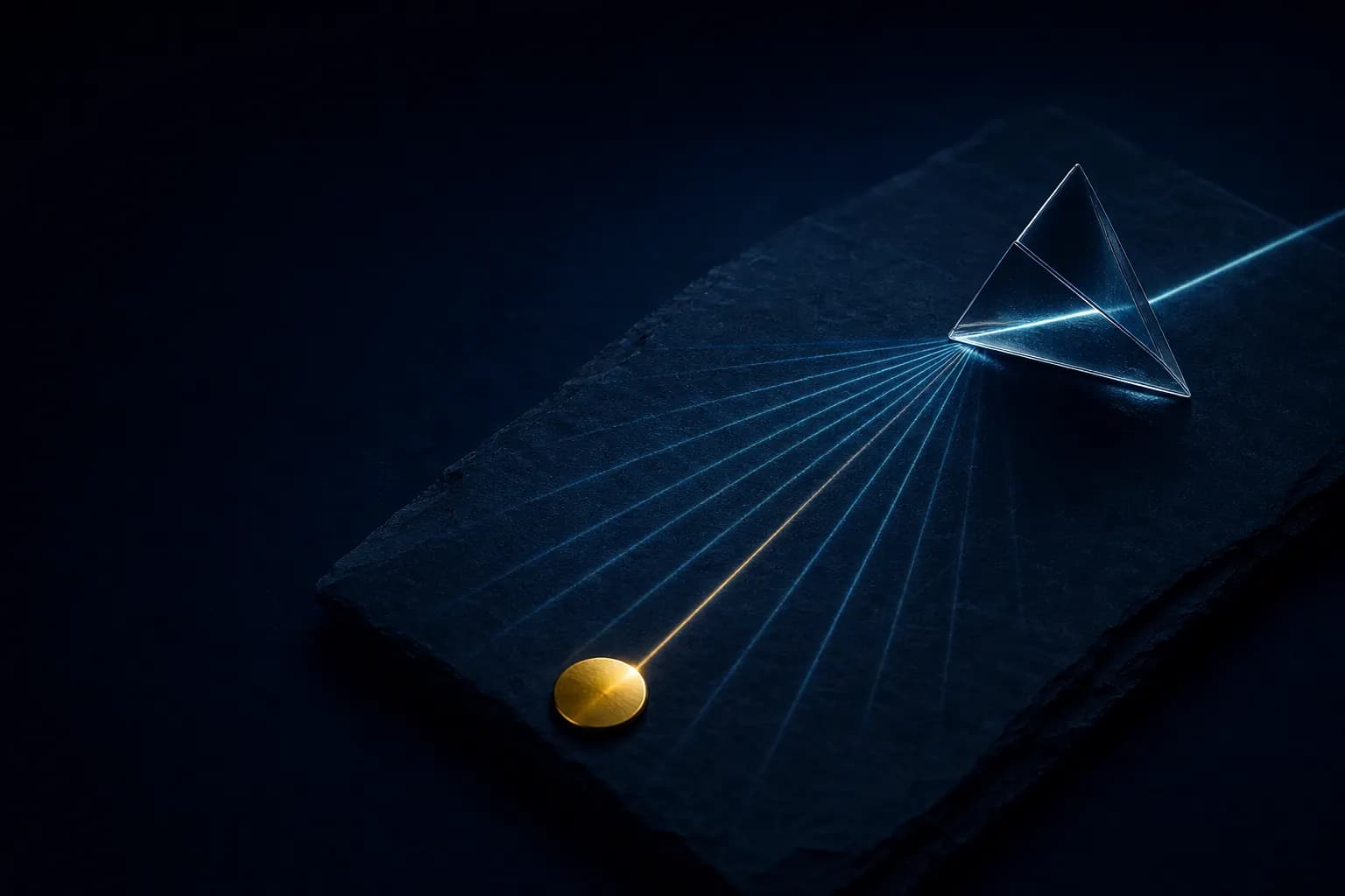 A glass prism splitting a cyan beam into fine rays, one ray landing on a gold disc