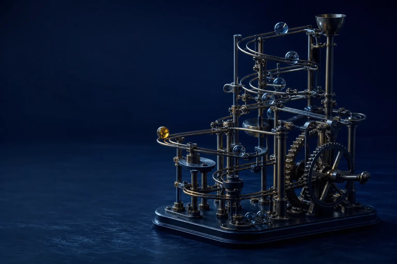 A brass marble-run machine with glass marbles rolling along its tracks, one marble gold