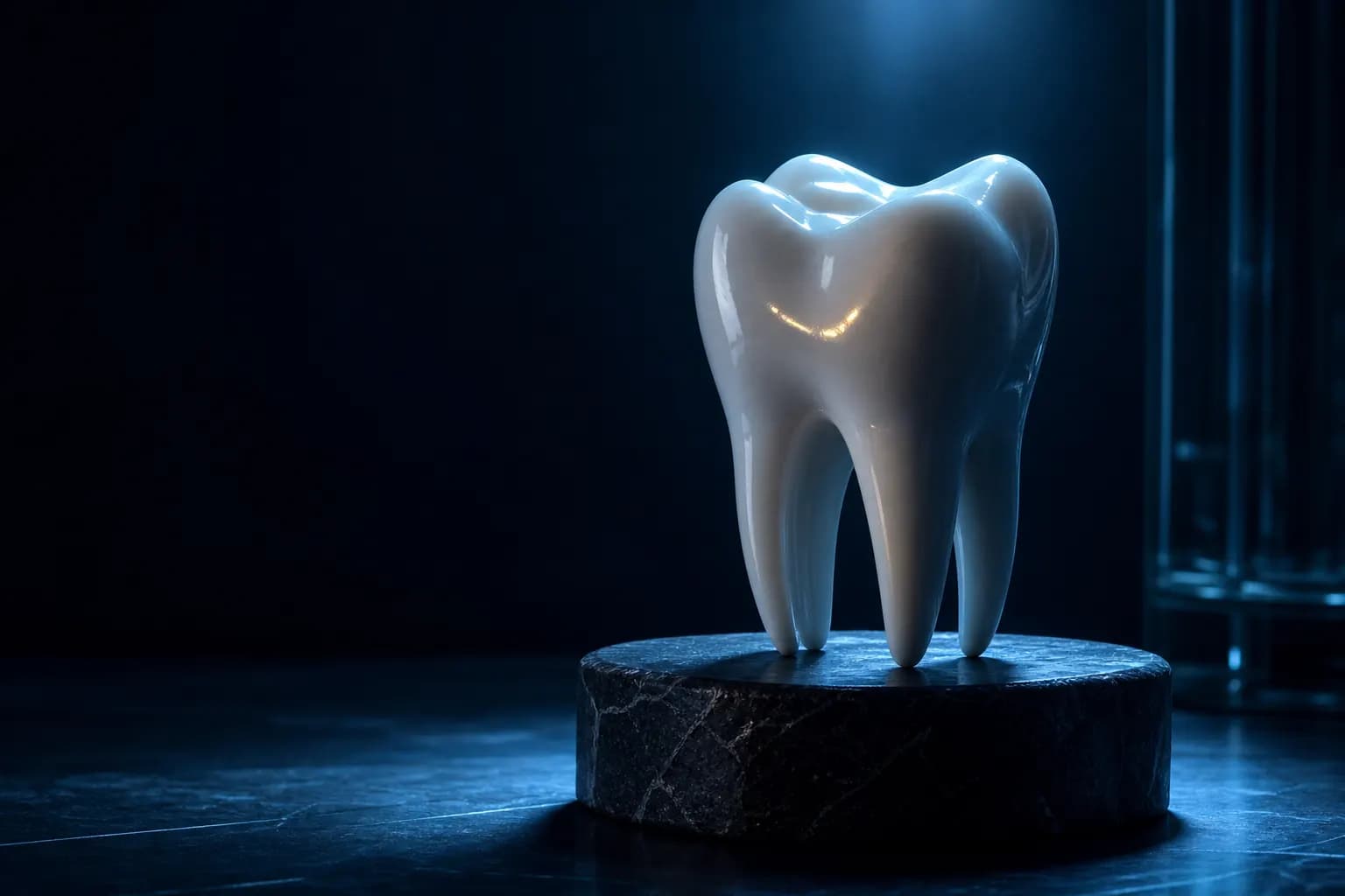 A ceramic molar model on a stone plinth under a single cyan spotlight