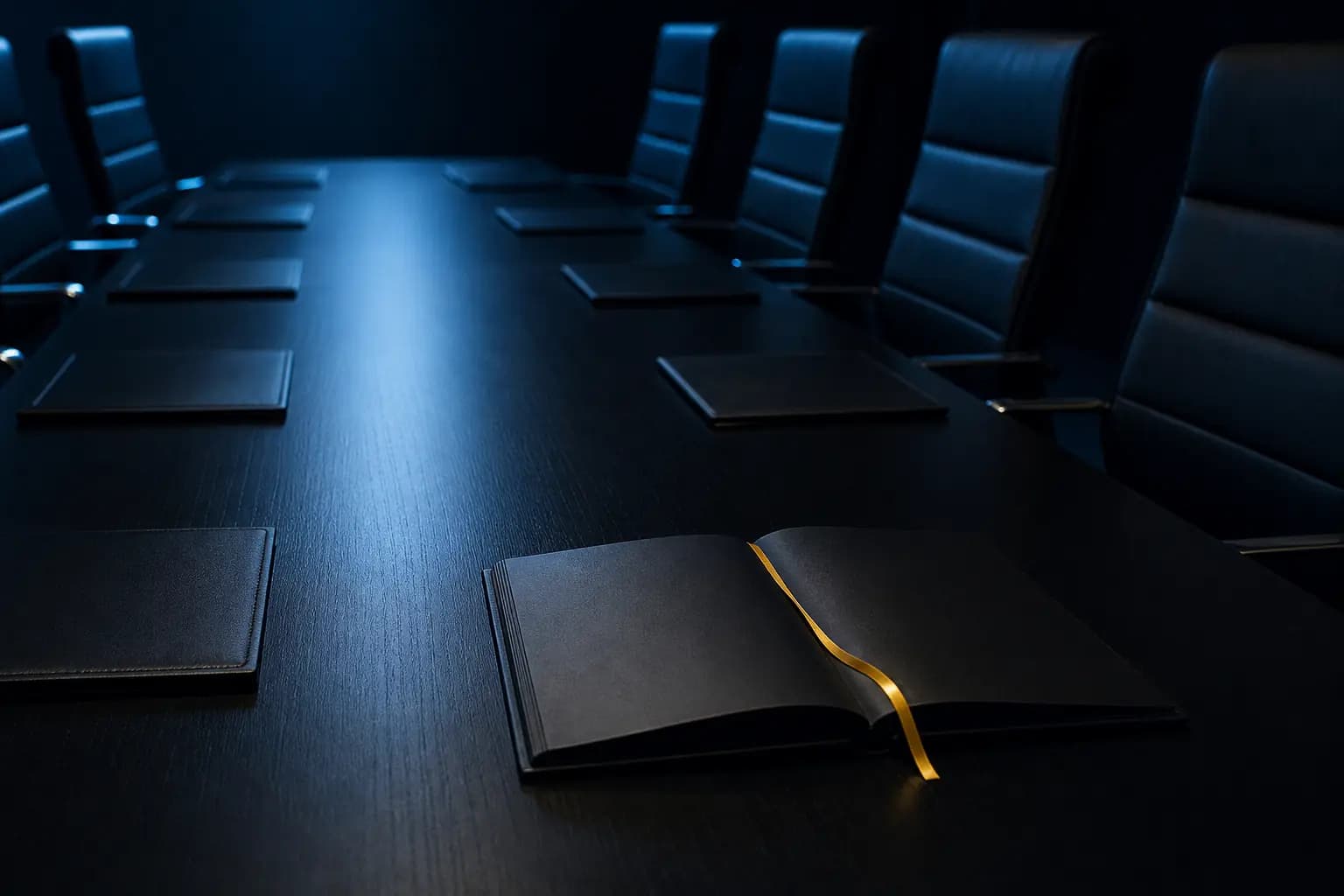 A long dark boardroom table set with closed leather folders, one folder open with a gold ribbon marker