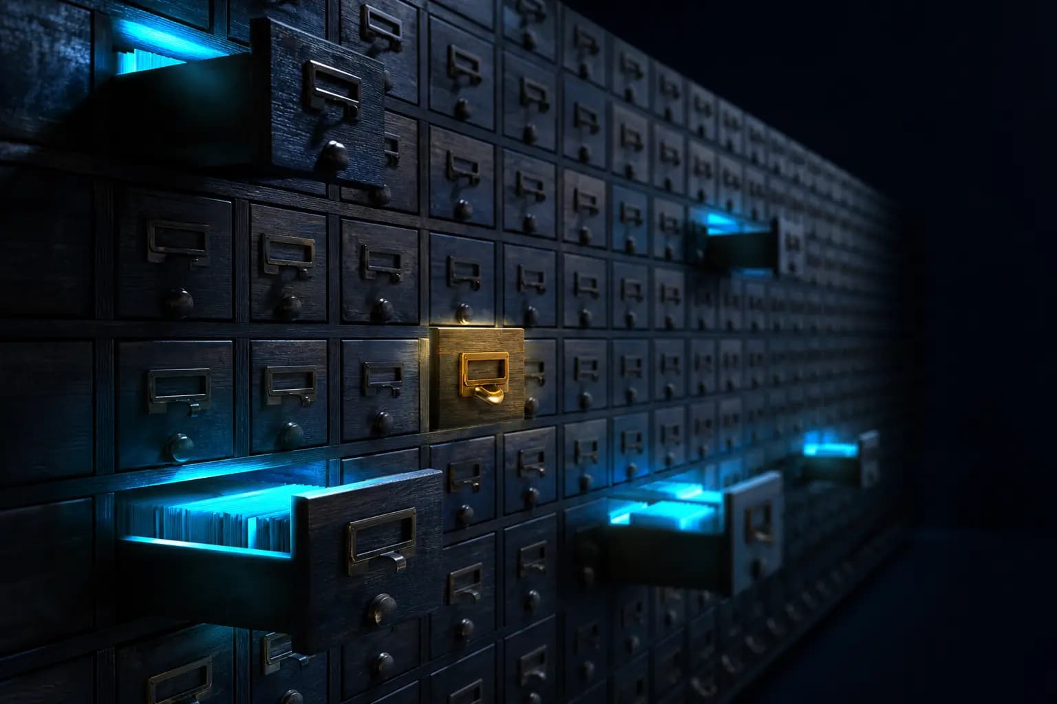 A wall of wooden card catalogue drawers stretching into darkness, a few open and lit cyan, one brass handle glowing gold