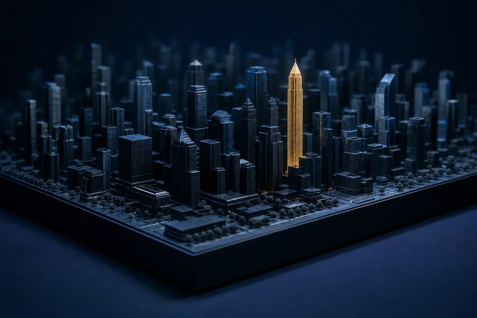 An architectural scale model of a dense city of dark glass towers, one tower glowing gold