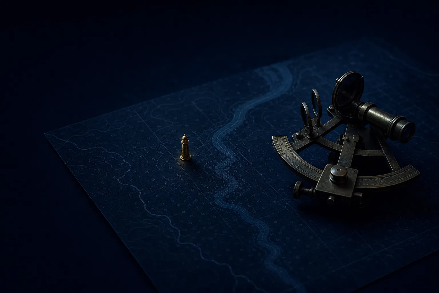 A brass sextant on a navy chart of a winding estuary, one small gold lighthouse standing on it