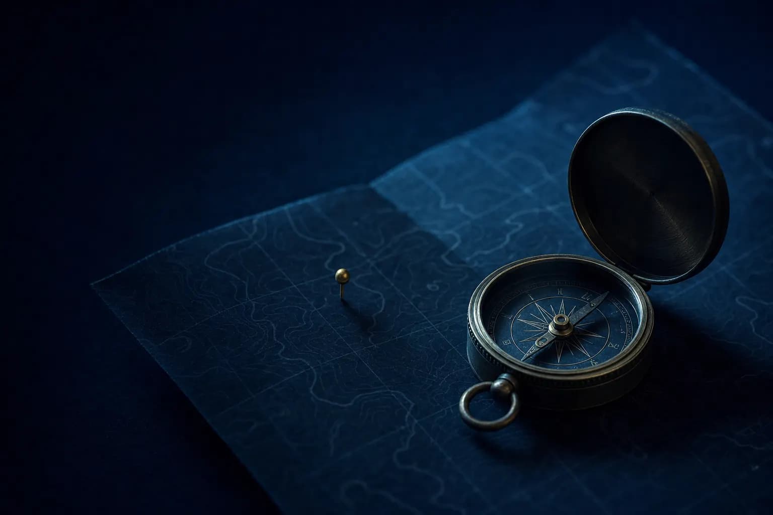 A brass surveyor's compass on a navy folded map of Surrey, one gold pin standing in it