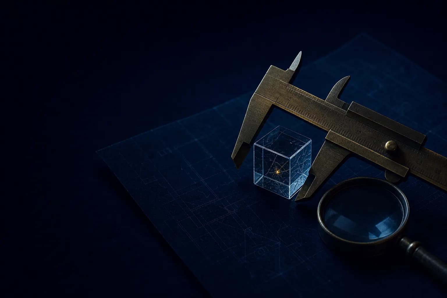 A brass vernier caliper measuring a glass cube, one tiny flaw inside lit gold