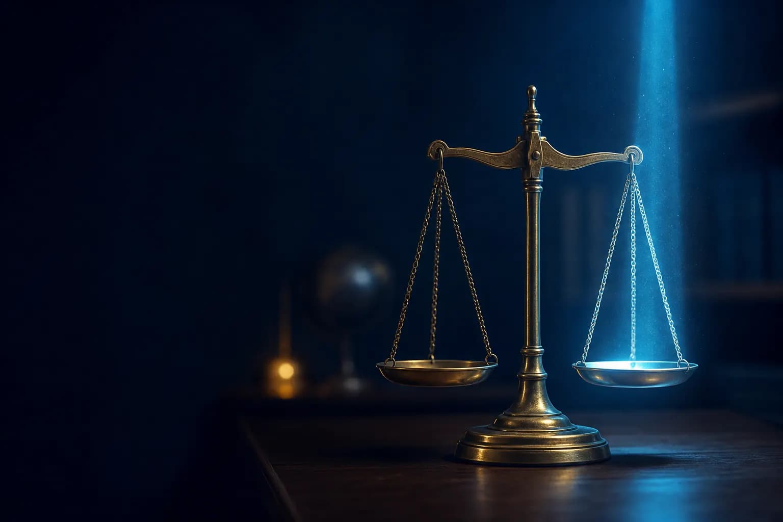 Brass scales of justice on a dark desk, a thin beam of cyan light on one pan
