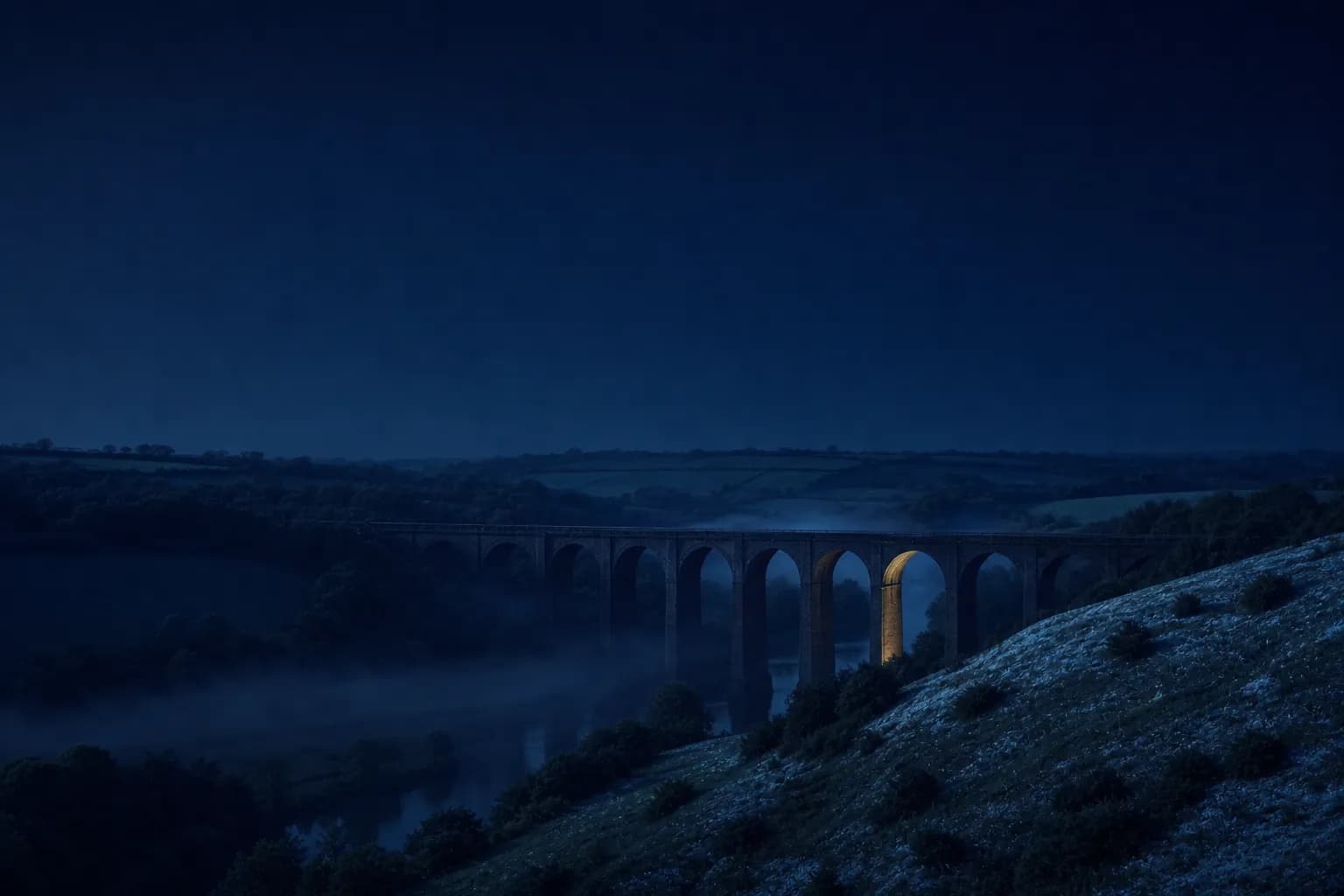 A brick railway viaduct crossing the Darent valley in Kent at blue hour, one arch lit gold