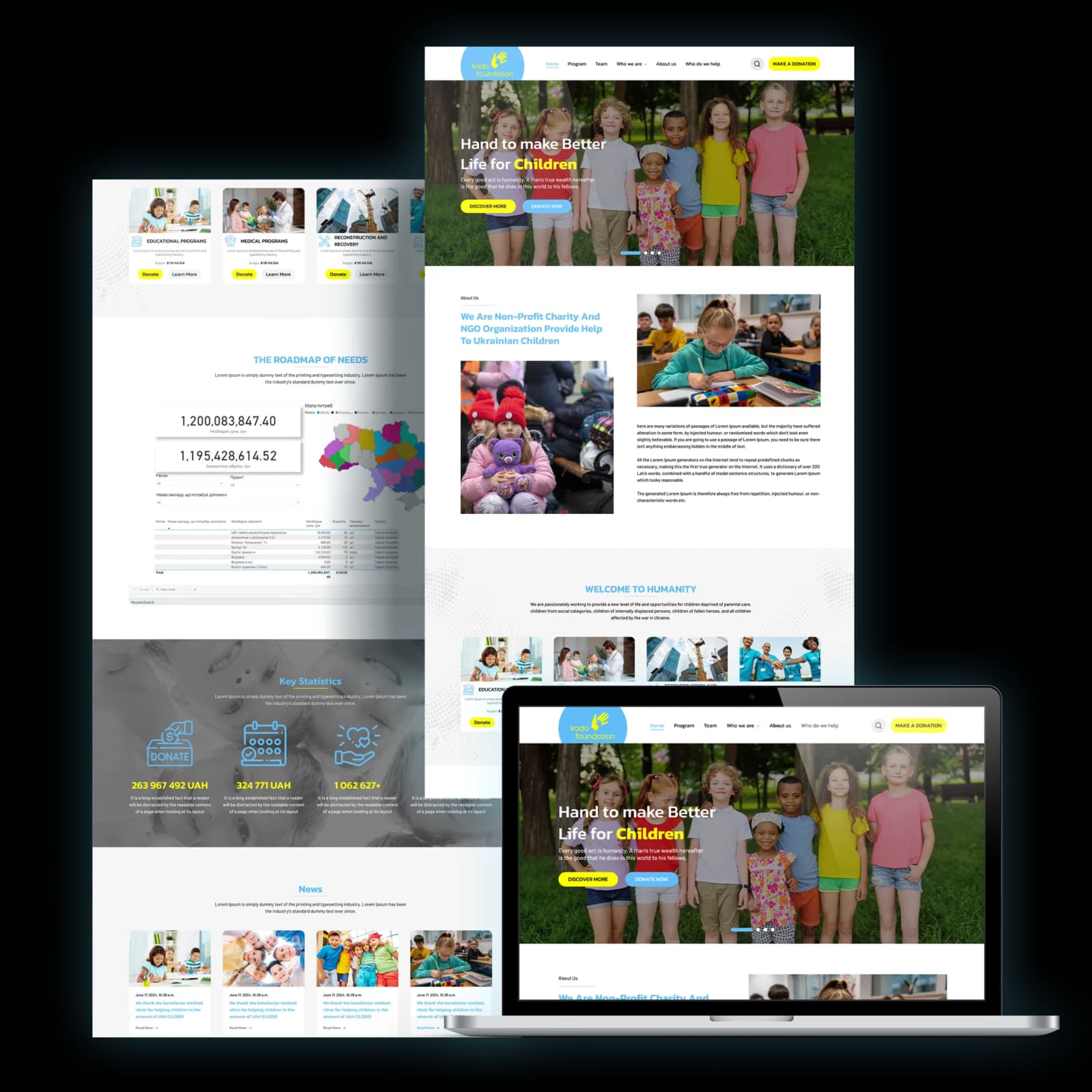 The Kado Foundation website design shown on a desktop screen and a laptop