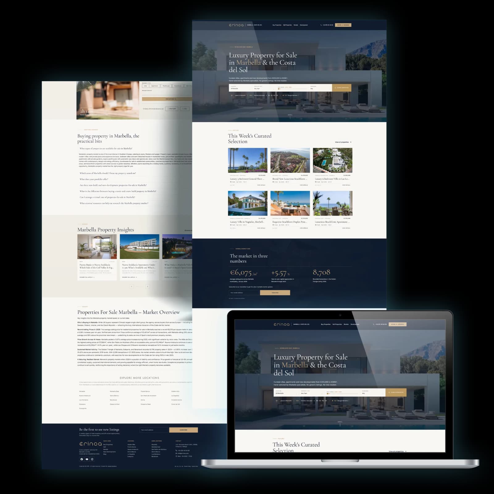 The 2026 Crinoa Real Estate website design shown on a desktop screen and a laptop