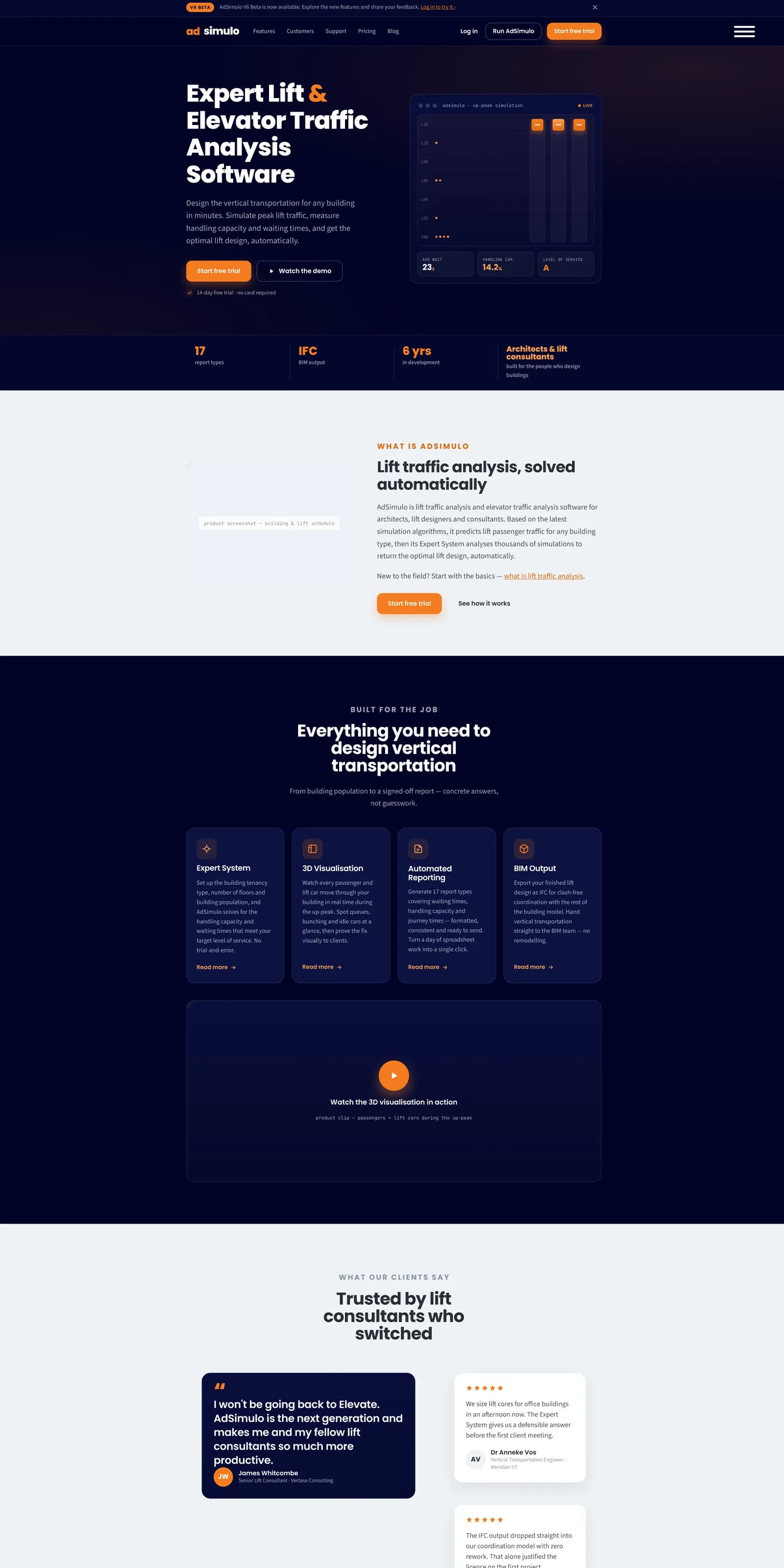 Full-page AdSimulo V6 homepage design: hero, the what is AdSimulo explainer and the Expert System, 3D Visualisation, Automated Reporting and BIM Output feature cards