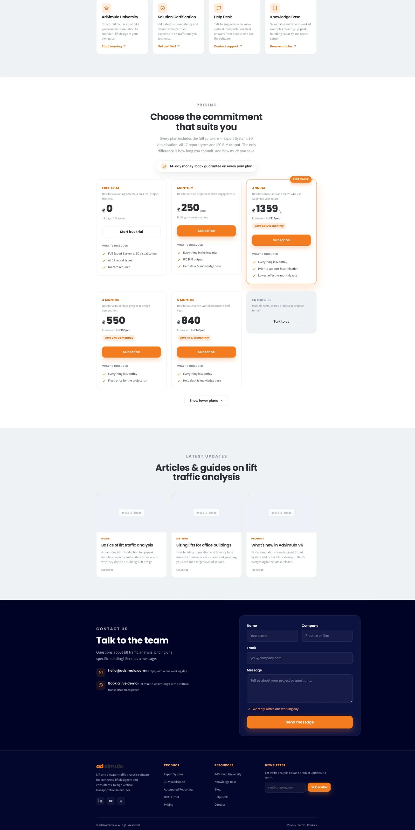 Lower half of the AdSimulo V6 homepage design: support and learning resources, the pricing plans, article listing and contact form