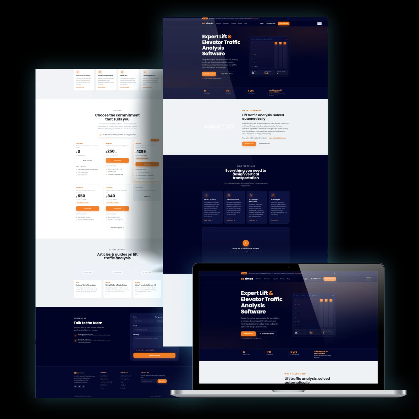 The AdSimulo V6 website design shown on a desktop screen and a laptop