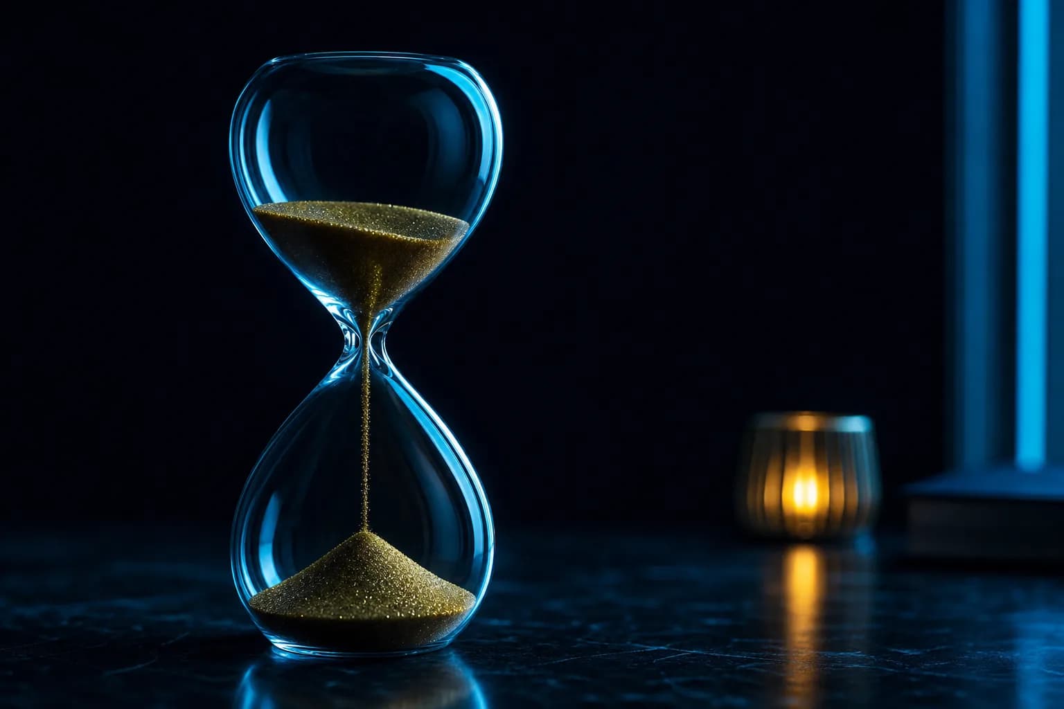 A tall glass hourglass on a dark desk with fine gold sand falling slowly through the neck, a long sales cycle in one object