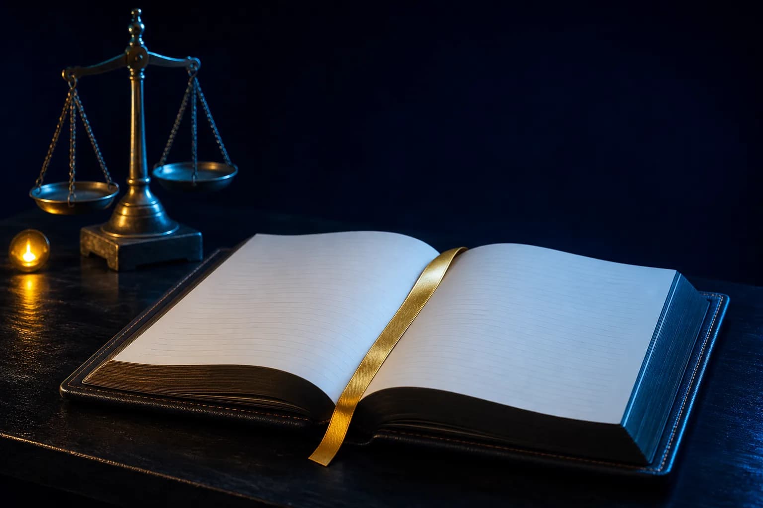 An open ledger on a dark desk beside brass scales with a single gold ribbon across blank pages, measurement kept honest