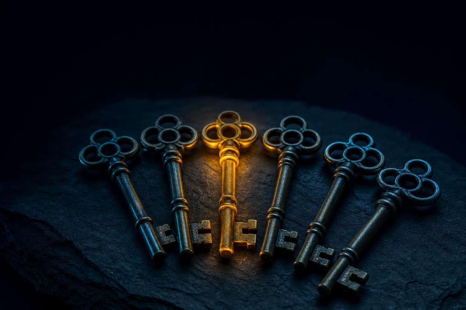 Six antique brass keys fanned on dark slate, one key glowing gold