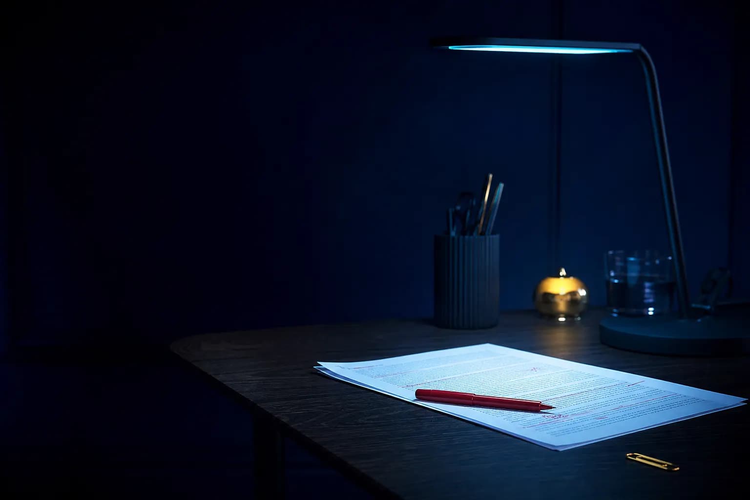 An editor's desk with a printed article proof, a red pen and a reading lamp