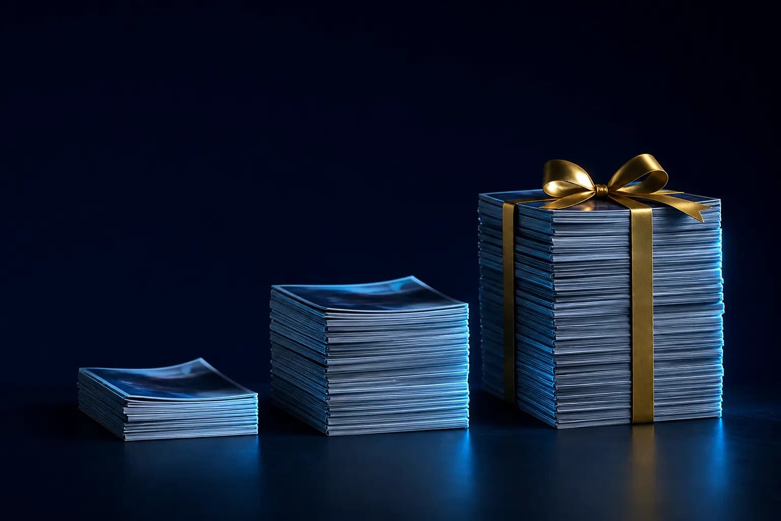 Three stacks of printed magazines of increasing height, the tallest with a gold ribbon