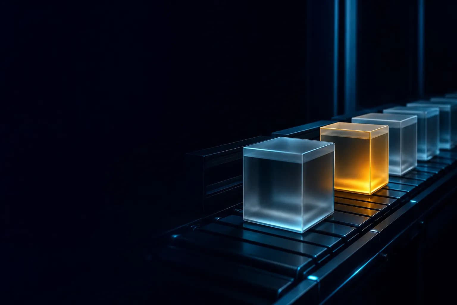 Rows of frosted glass product boxes on a dark conveyor, one lit from within in gold