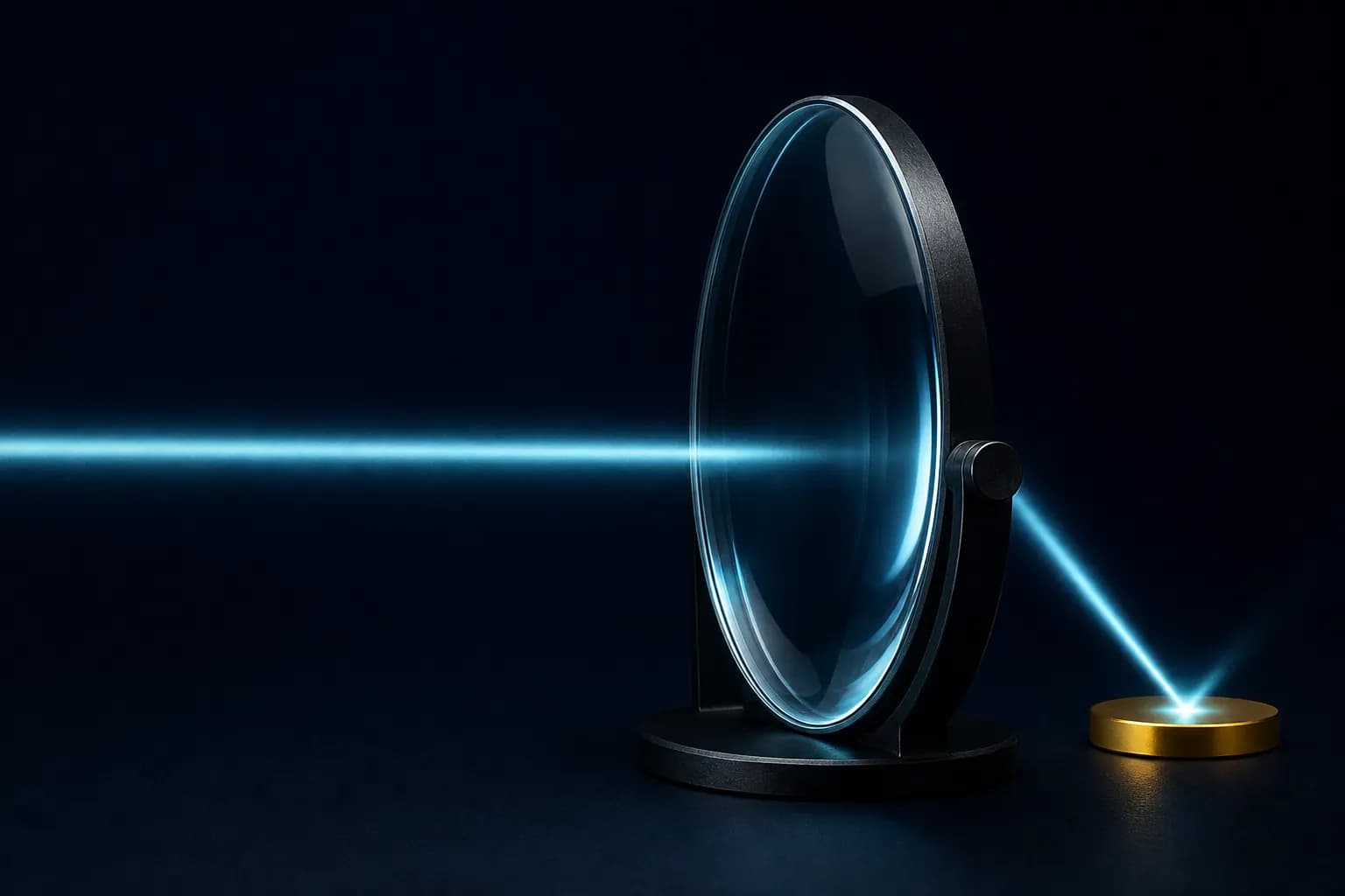 A convex glass lens focusing a beam of light onto a small gold target disc