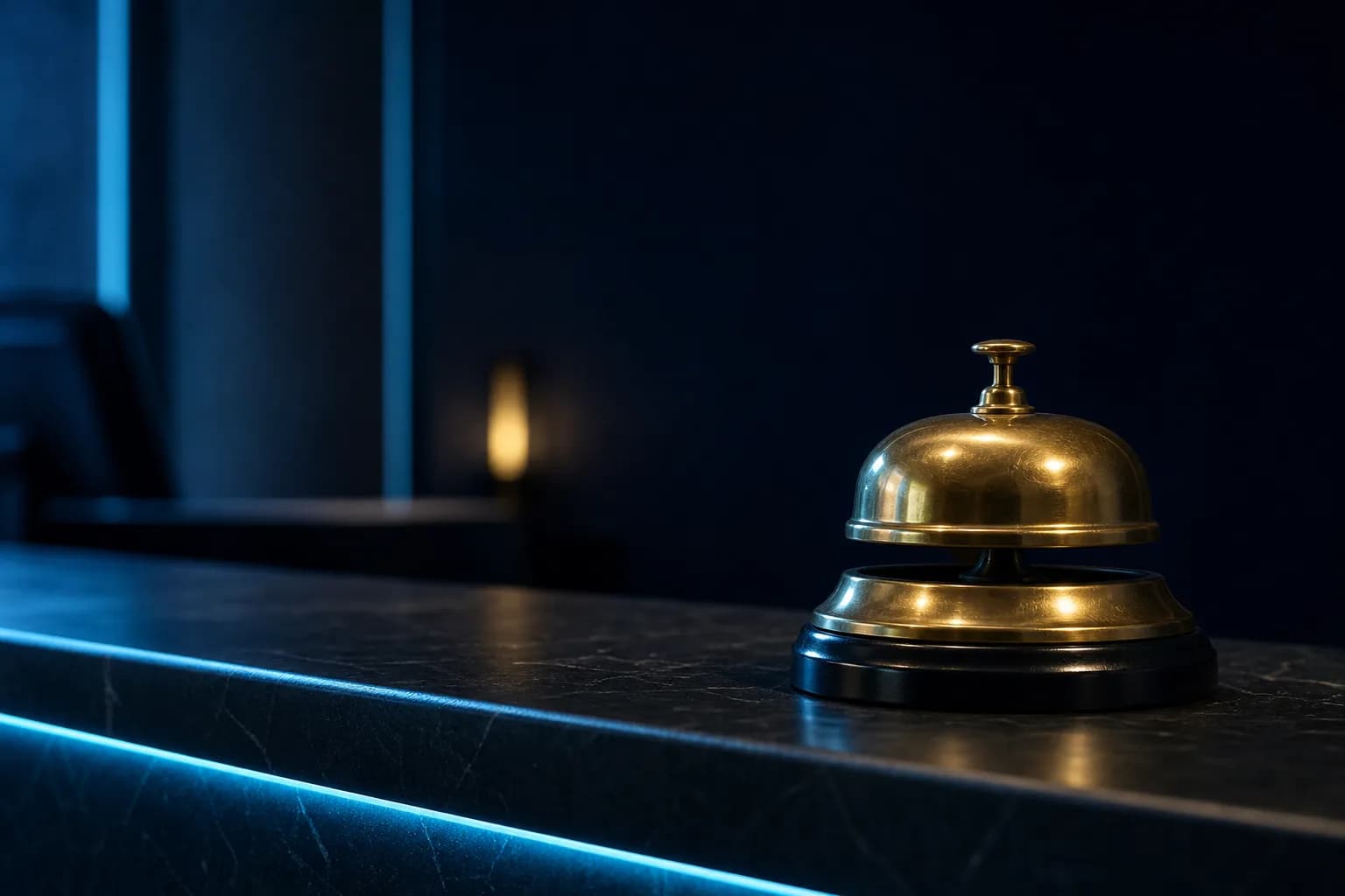 A brass service bell on a dark reception desk in an empty clinic with a soft gold glow, the moment a patient decides to book