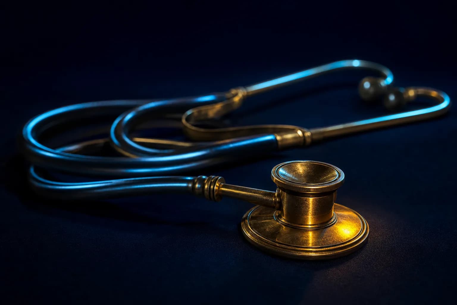 A vintage brass stethoscope coiled on a dark navy surface, the chestpiece glowing gold