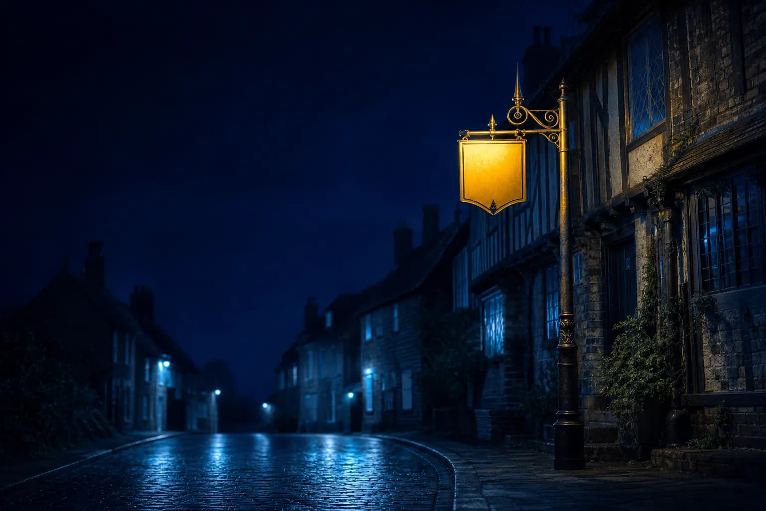 A Surrey village lane at blue hour, brick and timber cottages, a single gold signpost