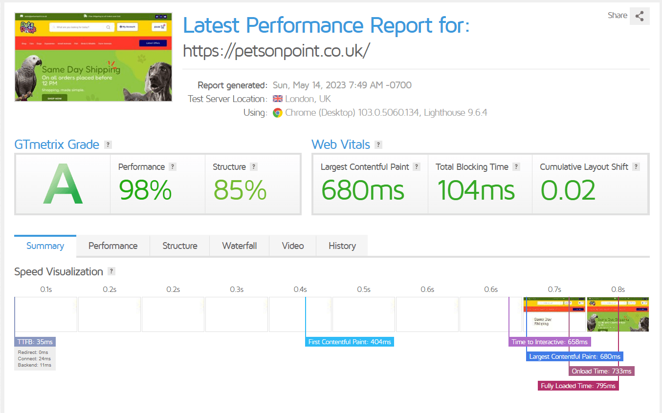 Website speed score report for the Pets On Point store