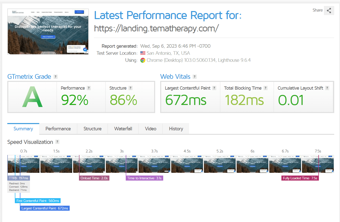 Page speed report for the TEMA Therapy landing page after optimization