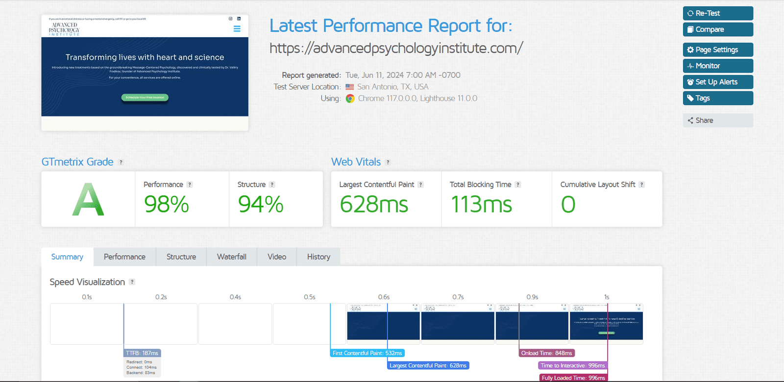 Speed score report for the Advanced Psychology Institute website