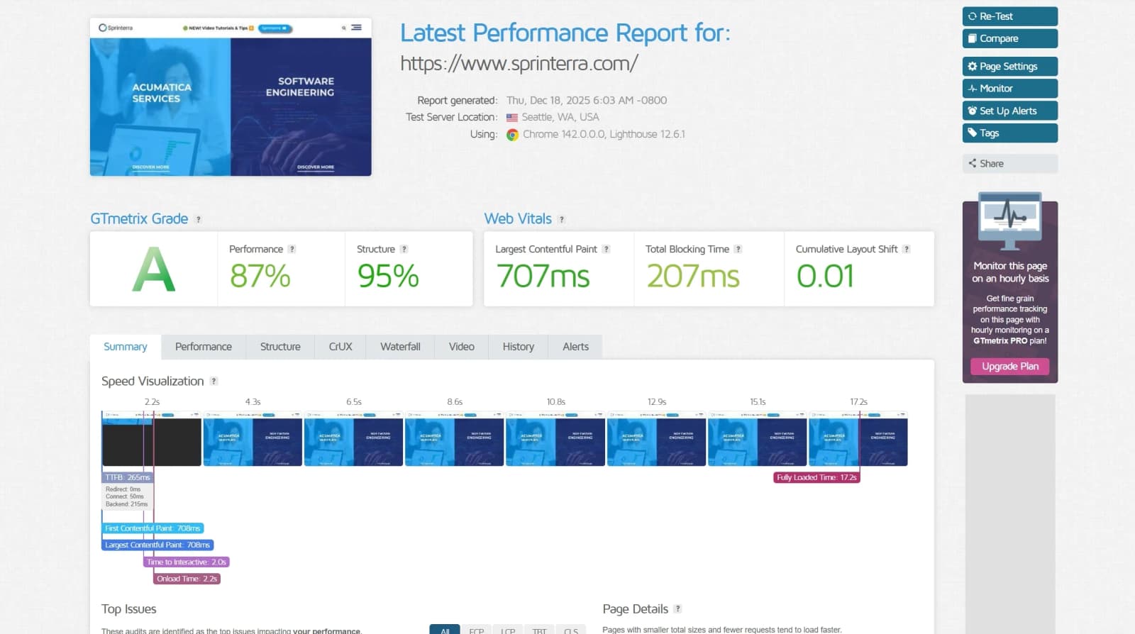 GTmetrix results for the Sprinterra website after optimization
