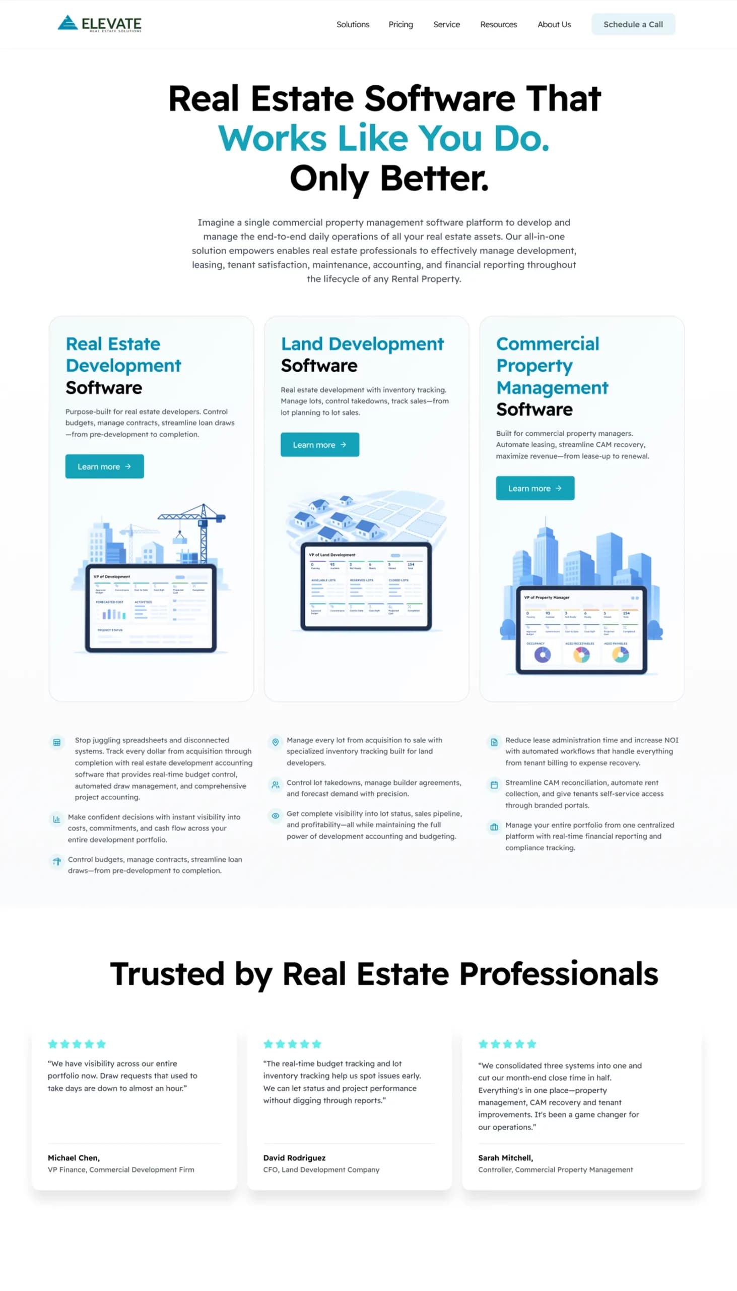 Upper half of the Elevate Solutions homepage design: hero, platform overview and feature blocks