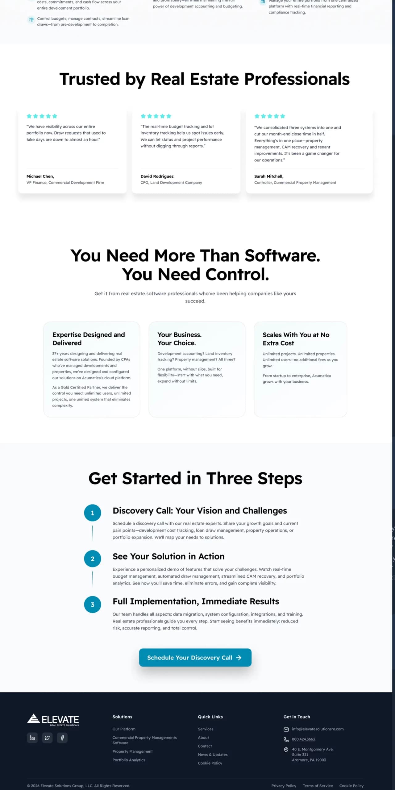 Lower half of the Elevate Solutions homepage design: module breakdown, integrations and contact
