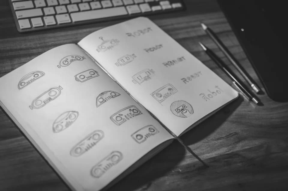 An open sketchbook filled with hand-drawn robot logo concepts and lettering, next to pencils, a keyboard and a graphics tablet