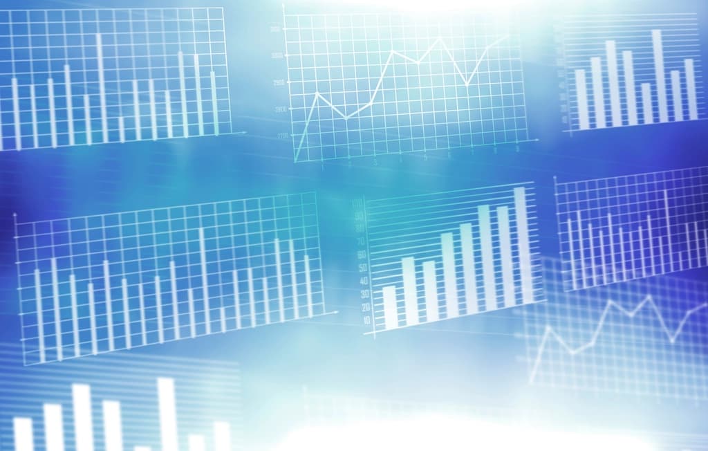 Overlapping line and bar charts on a blue background, showing performance trends over time