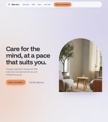 Concept mental-health clinic site by Invisio: a breathing light field, a care finder and a TMS course timeline