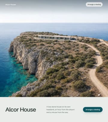 Scroll-driven fly-through of a cliff-top house: the concept property site Invisio built to show a cinematic frame sequence