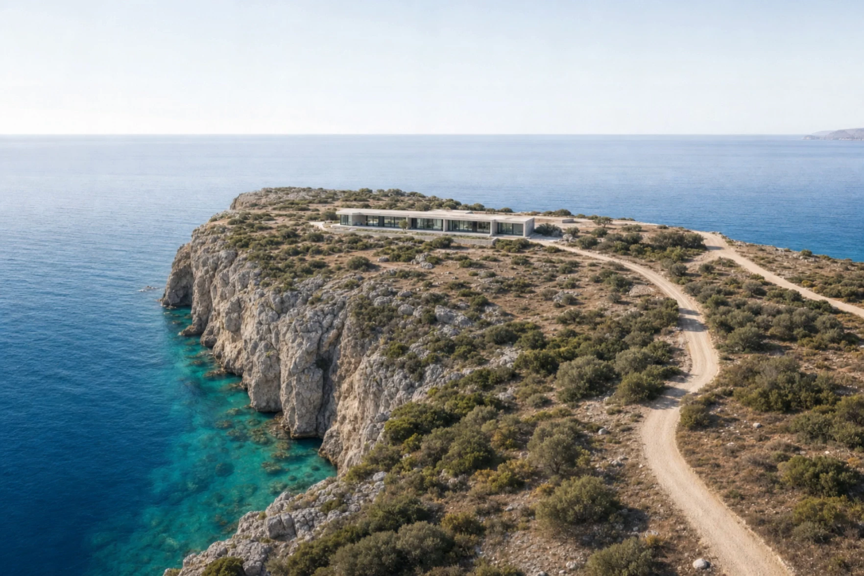 Alcor House from above the cliff road: a low limestone house alone on a headland above a clear blue sea