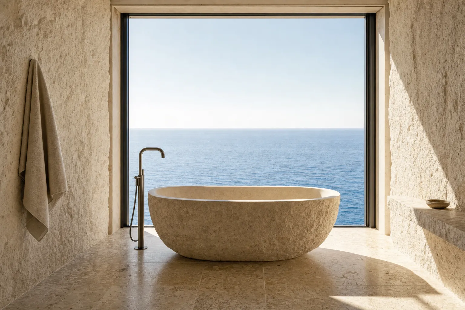 A stone bath in front of a window framing only the sea