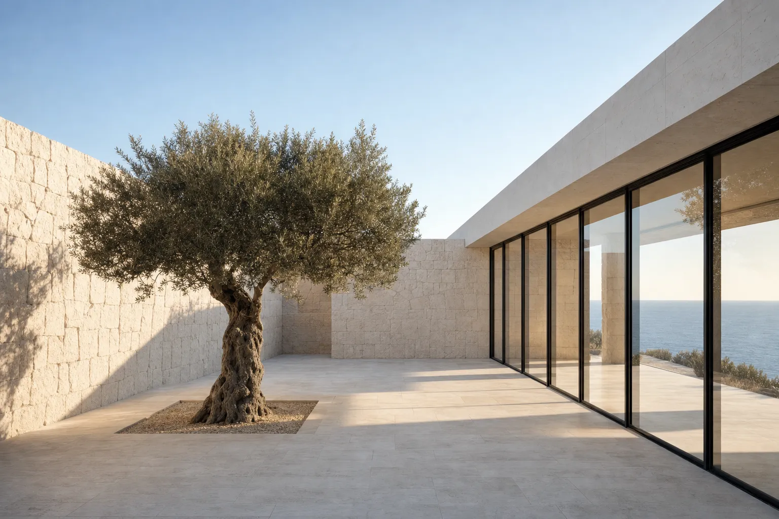 The walled courtyard with its single olive tree