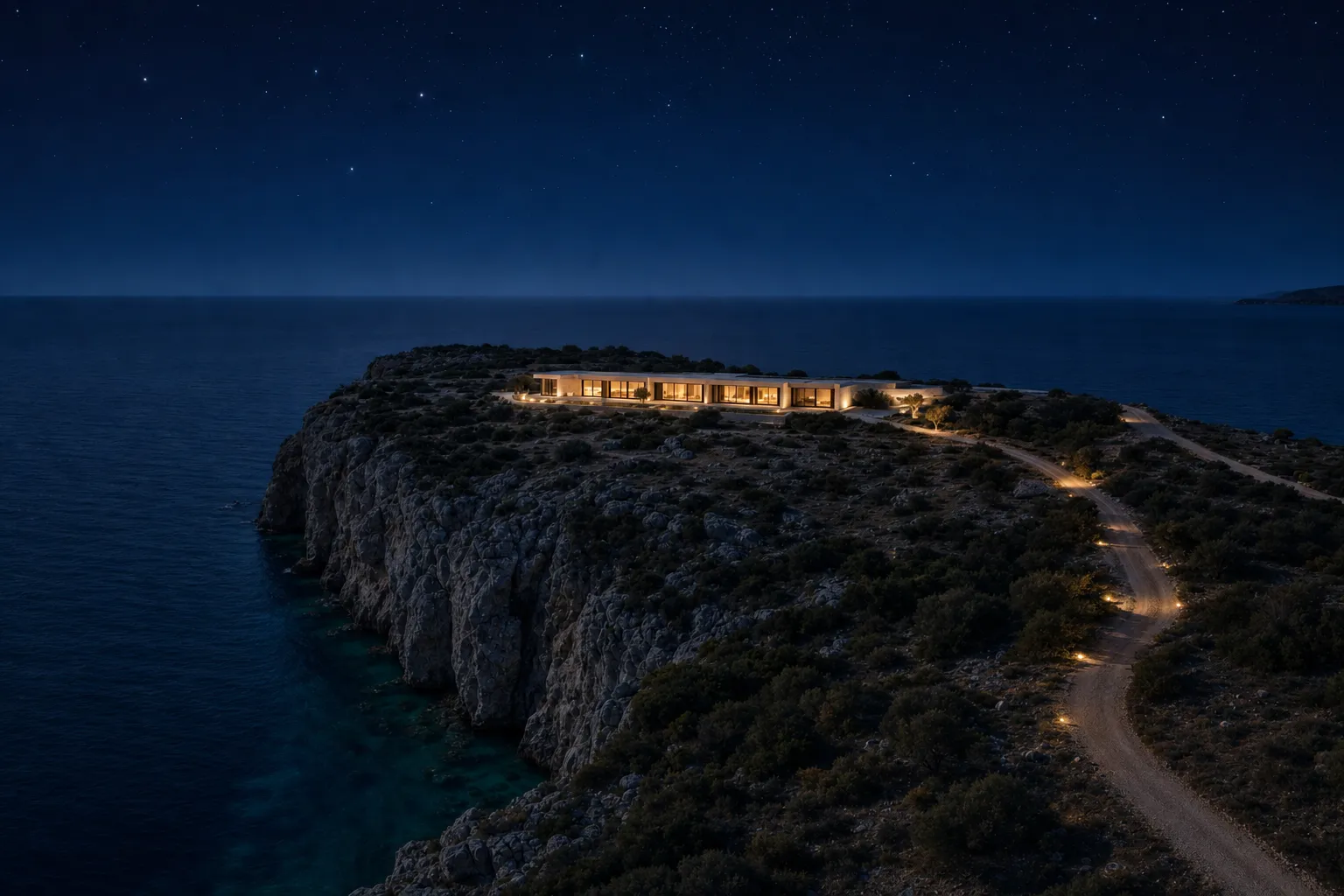 The house at night, every glass wall glowing on the dark headland
