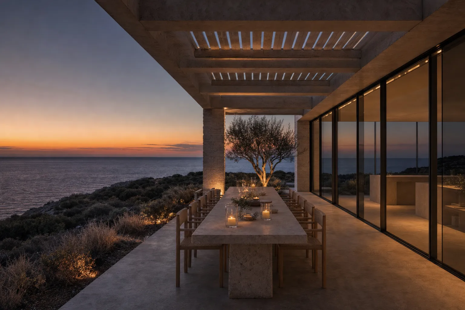 Dinner set on the terrace under the pergola at dusk